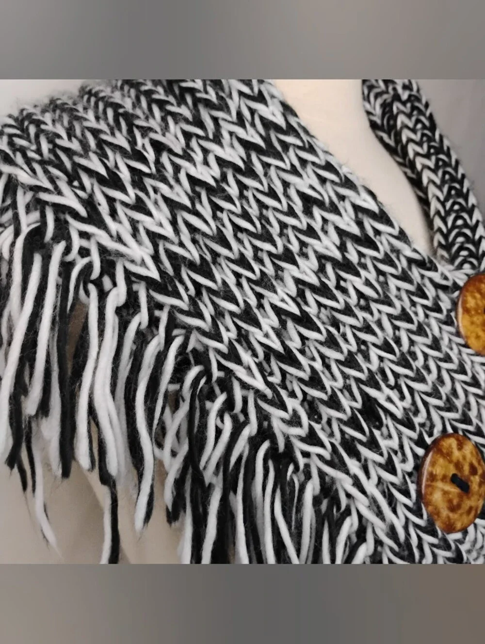 Women's Black & White Fringe Soft Warm Woven Crochet Knit Shawl Wooden Buttons